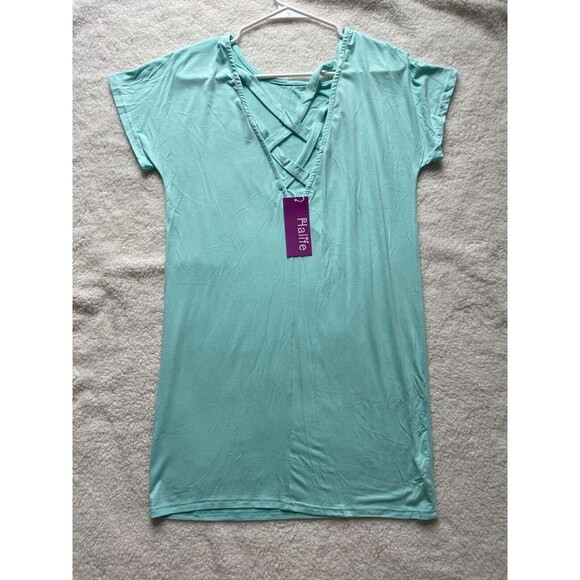 Mint Blue Dress With Pockets Criss Cross Short Sleeve Beach Tunic T Shirt Dress - Picture 8 of 12